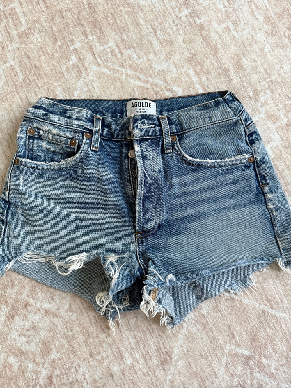 Agolde Light Blue Distressed High-Rise Denim Shorts